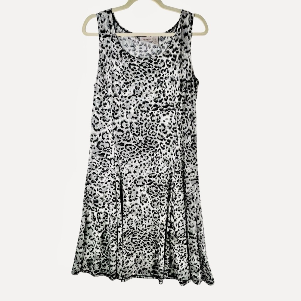 Chico's EasyWear Dress 2 Large 12 Leopard Print Sleeveless Fit Flare Gray Black